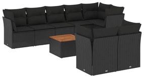 Set Divani da Giardino 9 pz con Cuscini Nero in Polyrattan