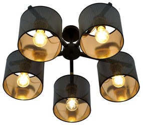 Plafoniera Industrial 5 Luci Cigno In Acciaio Nero E Paralumi A Cilindro Oro