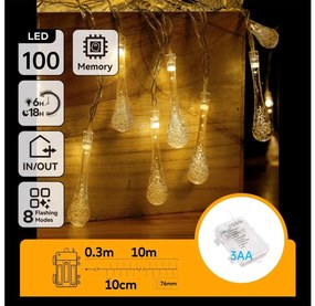 Aigostar - Catena LED natalizia da esterno 100 LED/8 funzioni 3xAA 10 m IP44 bianco caldo a goccia