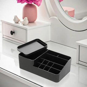 Organizzatore cosmetici e trucco nero con box con coperchio e 11 scomparti