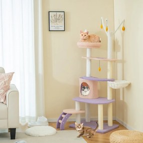 Costway Albero per gatti carino con scala pali graffiati rivestiti di sisal, Torre per gatti multi-livello da 158cm Viola