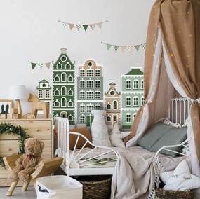 Adesivi murali - Case in verde con ghirlande | Inspio