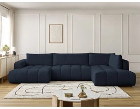 Divano angolare blu scuro allungabile e con contenitore (penisola a destra/a U) con rivestimento in ciniglia Fuji – Bobochic Paris