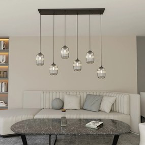 Lampadario 6 Luci Selene In Acciaio Nero E Vetri Plissettati Fumè