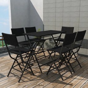 Set da Giardino 7 pz Pieghevole in Acciaio e Polyrattan Nero