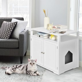 Costway Lettiera moderna per gatto con 2 oblò e 2 ante, Armadio di legno nascosto per gatti con divisore smontabile Bianco