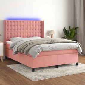 Letto a molle con materasso e led rosa 140x190 cm in velluto