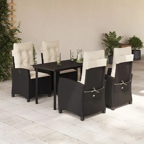 Set da pranzo da giardino 5 pz nero con cuscini in polyrattan