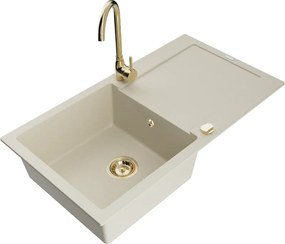 Mexen Leo lavello in granito a 1 vasca con scolapiatti e rubinetto da cucina Telma, beige - 6501-69-670200-50