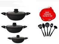 Set Batteria 11 Pz Nera Con 3 Tegami E Utensili Da Cucina Maxi Formato