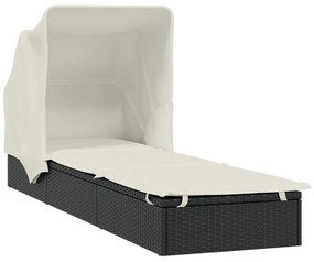 Lettino con tetto pieghevole nero 213x63x97 cm polyrattan