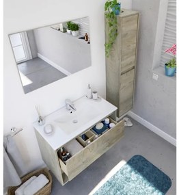 Mobile Bagno Sospeso 80 cm Vano Aperto Lavabo Specchio E Colonna Rovere Alaska VAN