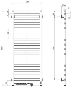 Scaldasalviette da bagno a scala con termostato AVANGARD, 459 W/230 V, 120,6 cm, IP44, nero, lato sinistro