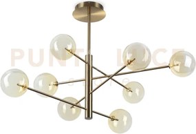 Equinoxe sospensione in vetro ambra e ottone antico 8 luci attacco g4