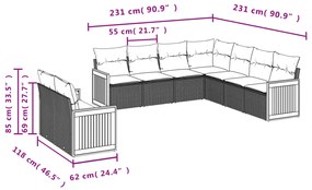 Set divani da giardino 9 pz con cuscini nero in polyrattan