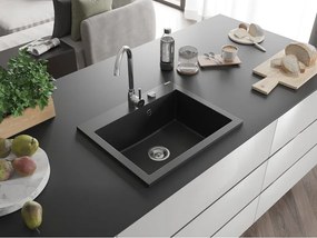 Mexen Elix lavello in granito a 1 vasca 600 x 500 mm, nero, sifone cromato - 6525601005-77