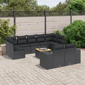 Set divani da giardino 10pz con cuscini in polyrattan nero