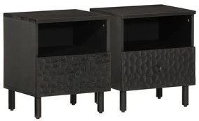 Comodini 2pz Neri 40x33x46 Cm İn Legno Massello Di Mango /