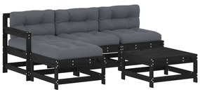 Set divani da giardino 5 pz con cuscini in legno massello nero