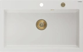 Mexen Elix lavello da cucina in granito 1-vasca 800 x 500 mm, bianco, sifone dorato - 6527801005-20-G