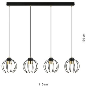 Sospensione Minimal Orfeo 4 Luci In Acciaio Nero A Paralumi Gabbia Con Oro