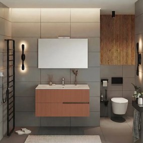 Mobile bagno Eva 100 cm, completo di lavabo in ceramica e specchio a filo con Led, 2 cassetti rovere moka e mattone cannettato
