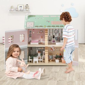 Costway Casa delle bambole in legno per bambini con tetti doppio lato e porte apribili, Giocattolo a 3 livelli per 3+ anni Rosa