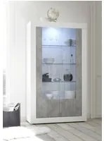 Vetrina moderna con scaffali, Made in Italy, Credenza con anta a vetro, Mobile da soggiorno, Vetrinetta, cm 110x42h190, colore Bianco lucido e Cemento