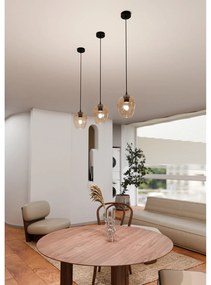 Sospensione 1 Luce Fuxi In Acciaio Nero E Vetro Ambra