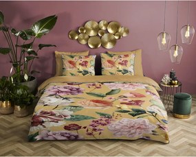 Set copripiumino e federa giallo ocra in raso di cotone per letto matrimoniale ed esteso 240x220 cm Fiori – Descanso
