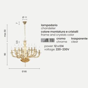 Lampadario a sospensione VILLA a 12 luci in vetro lavorato a mano CROMO