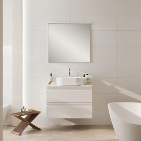 Mobile Pull L80 H55 P45 bianco opaco laccato 2 cassetti a chiusura ammortizzata e top gres Calacatta per lavabo in appoggio, piedini non inclusi