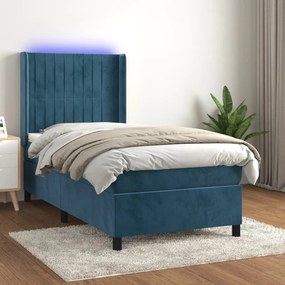 Letto A Molle Con Materasso E Led Blu Scuro 90x190cm İn Velluto /