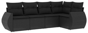 Set divani da giardino 5 pz con cuscini in polyrattan nero