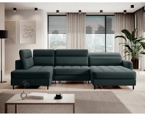 Divano angolare verde allungabile/con contenitore (con penisola a sinistra/a U) e rivestimento in velluto Berrto – ELTAP