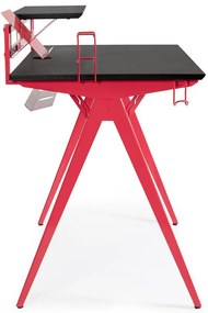 Scrivania GAMING in legno e pvc nero con base acciaio rosso, 135,5 x 60 cm