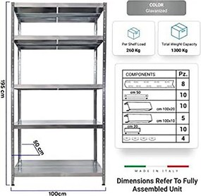 Scaffale in Metallo 5 Ripiani 100x50x195 cm Maciste Zincato...