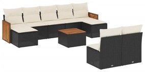 Set divani da giardino 10pz con cuscini in polyrattan nero