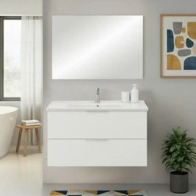 Mobile bagno sospeso 100cm bianco opaco con cassetti lavabo e specchio Elva