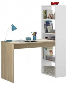 Scrivania Dacarte, Scrittoio multifunzione reversibile con libreria a 5 ripiani, Tavolo da studio o ufficio porta PC portalibri, 120x53h144 cm, Bianco e Rovere