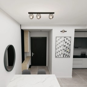 Plafoniera Moderna 3 Luci Giapeto Barra In Acciaio Nero E Sfere Di Vetro Fumè