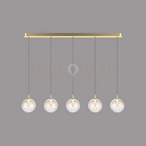 Lampada a sospensione bolla, metallo oro + 5 luci in vetro ambra, l...