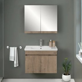 Mobile bagno sospeso 80 cm rovere scuro con specchio contenitore Mona