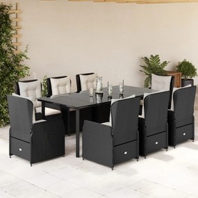 Set da pranzo da giardino 9 pz con cuscini nero in polyrattan