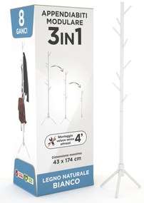Appendiabiti in legno naturale, 8 ganci, modulare, 174 cm, Bianco