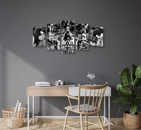 Quadri 5 pezzi – Teschio artistico in bianco e nero