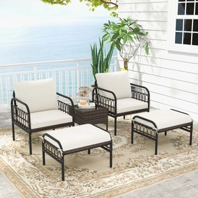 Costway Set mobili da giardino 5 pezzi, Set di sedie in vimini con poggiapiedi e tavolino cuscini per seduta e schienale Beige
