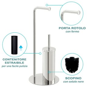 Piantana bagno portascopino e portarotolo design moderno in acciaio cromo
