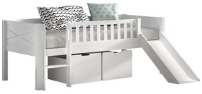 Letto da bambini rialzato bianco in pino massiccio con contenitore con rete inclusa 90x200 cm Scott – Vipack