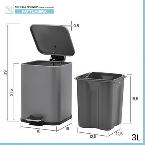Pattumiera bagno 3lt in acciaio grigio con apertura a pedale e cesto estraibile